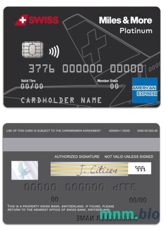 Switzerland SWISS bank Miles & More platyna american express karta przykład w formacie PSD